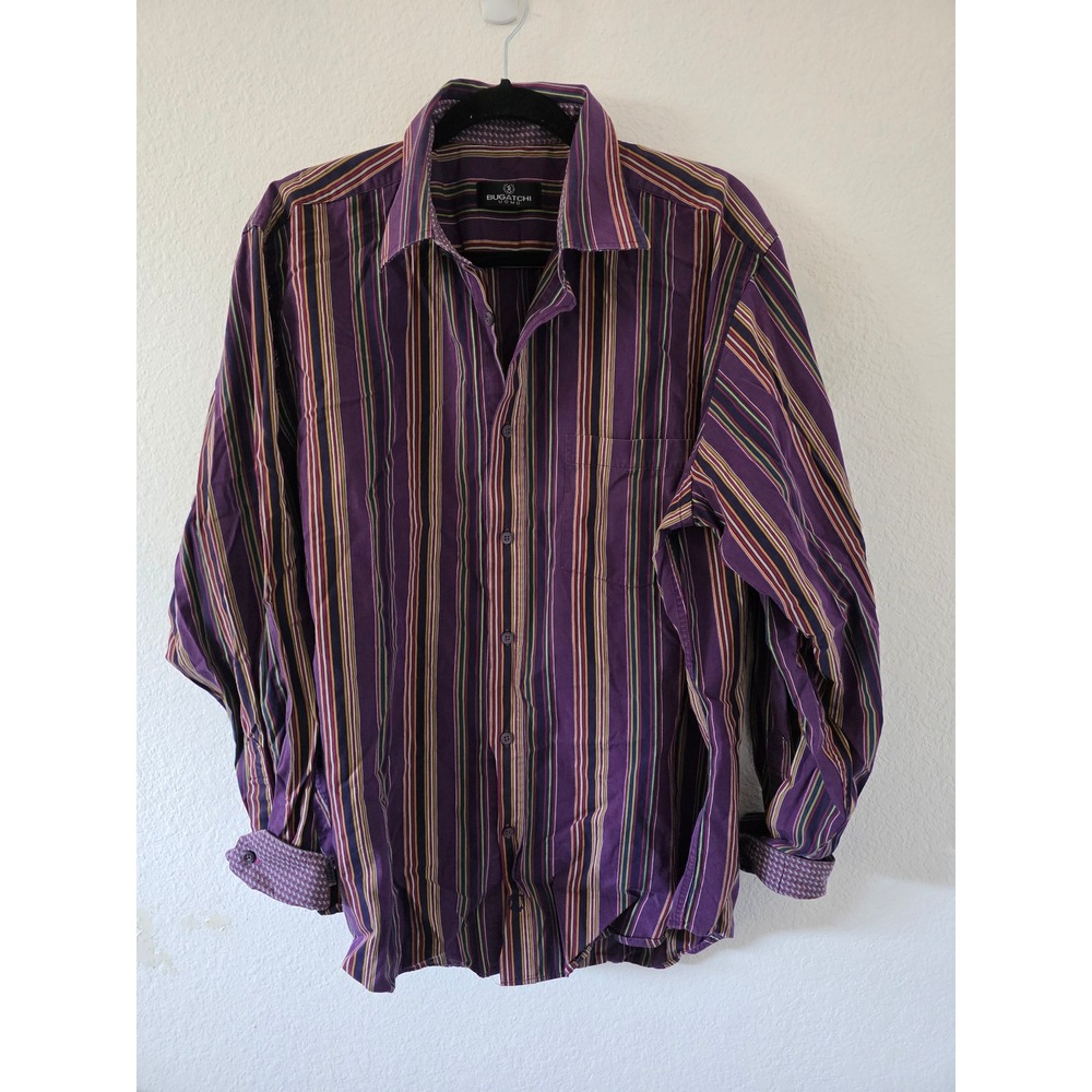 Bugatchi Uomo Mens Purple Striped Button Down Shirt Long Sleeve Cotton Large